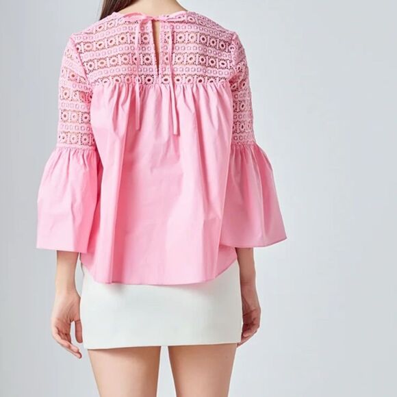 Anthropologie Endless Rose Pink Lace Poplin Bell Sleeve Blouse Large TJ027T - Picture 5 of 14